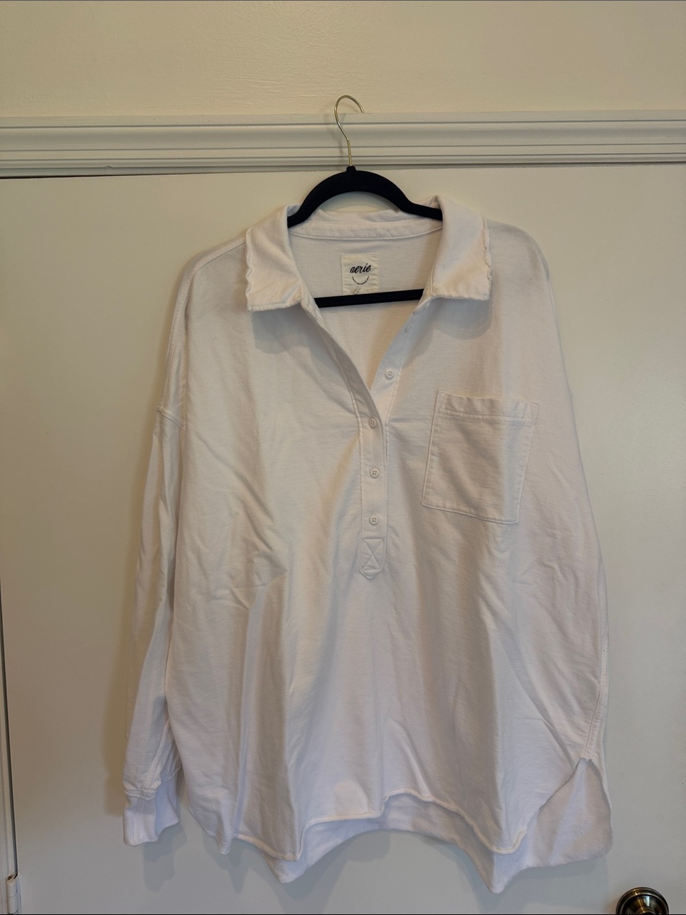 aerie White Long-Sleeve Polo with Chest Pocket